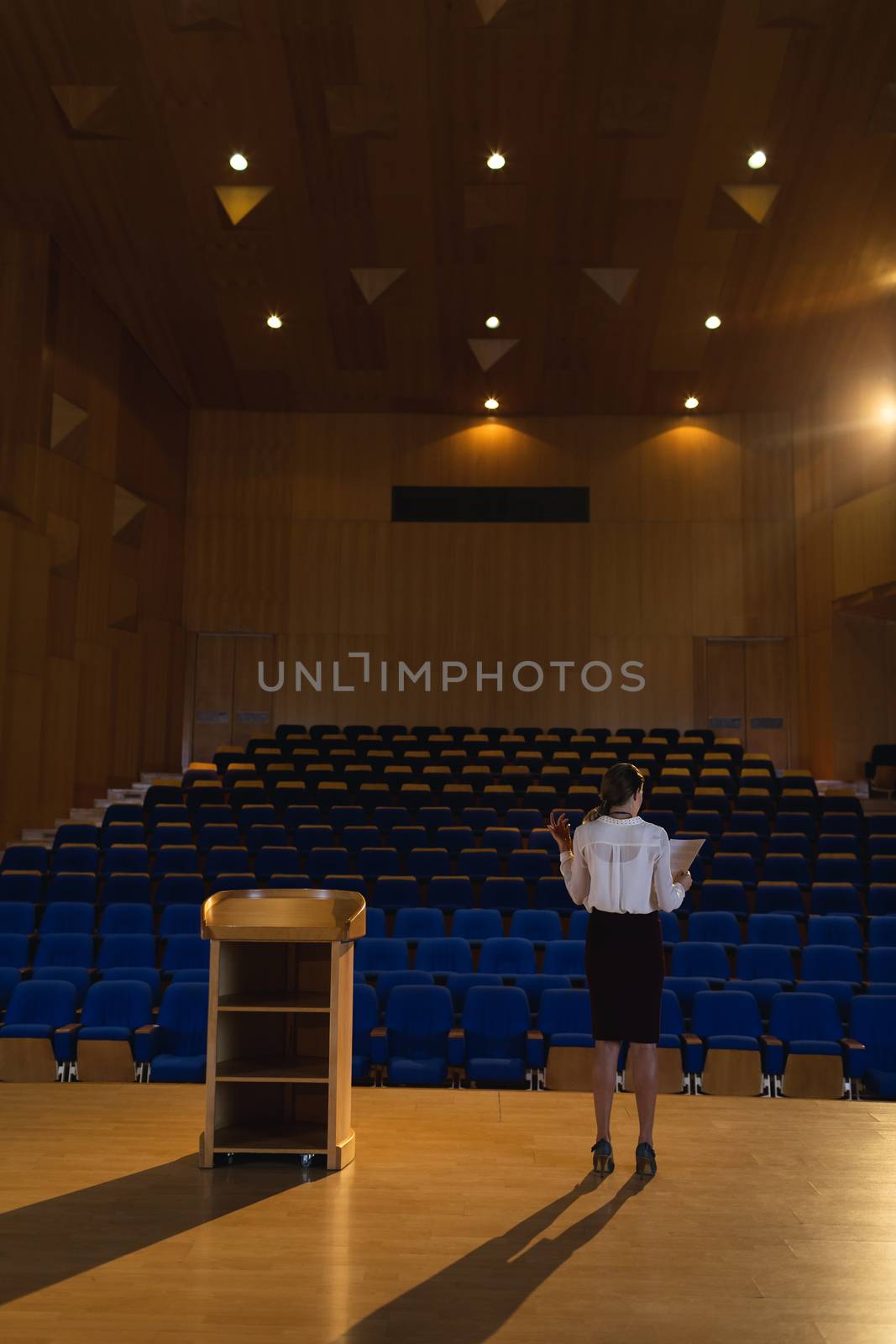 Rear view of blonde Caucasian businesswoman practicing and learning script while standing in the auditorium