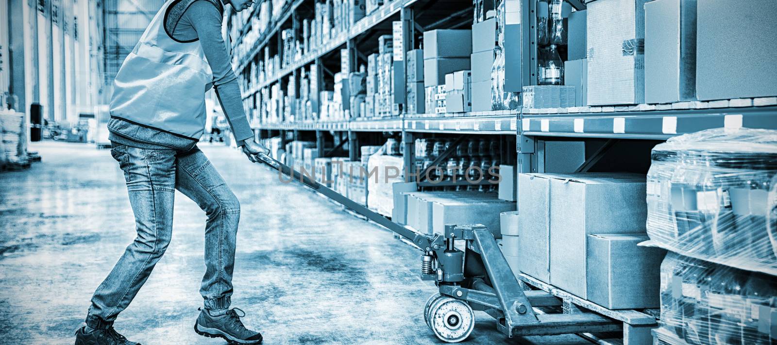 Worker pushing trolley with boxes by Wavebreakmedia