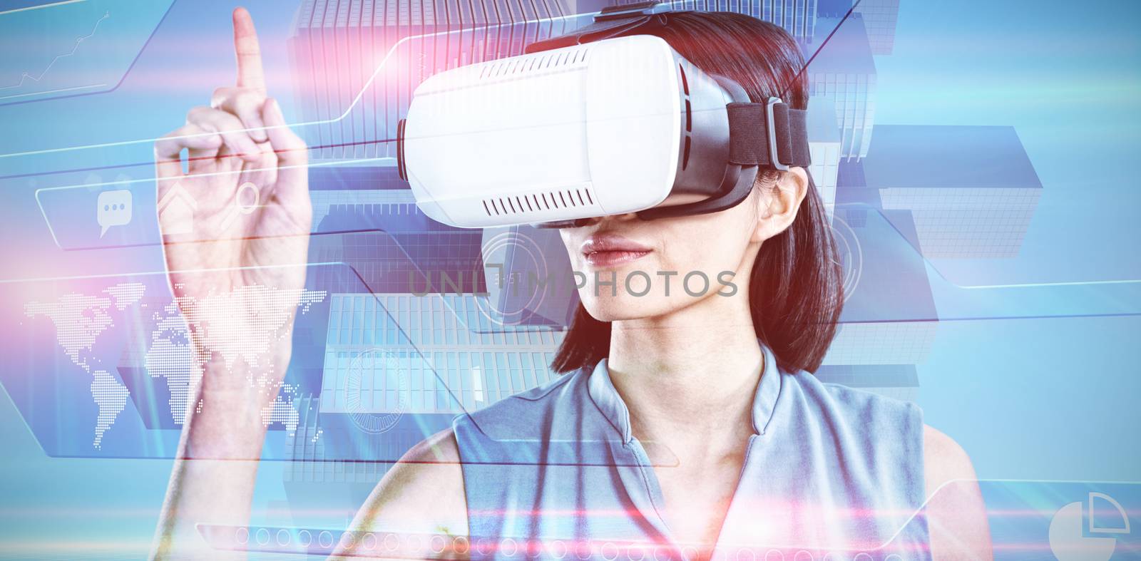 Composite image of female executive gesturing while using virtual reality headset by Wavebreakmedia