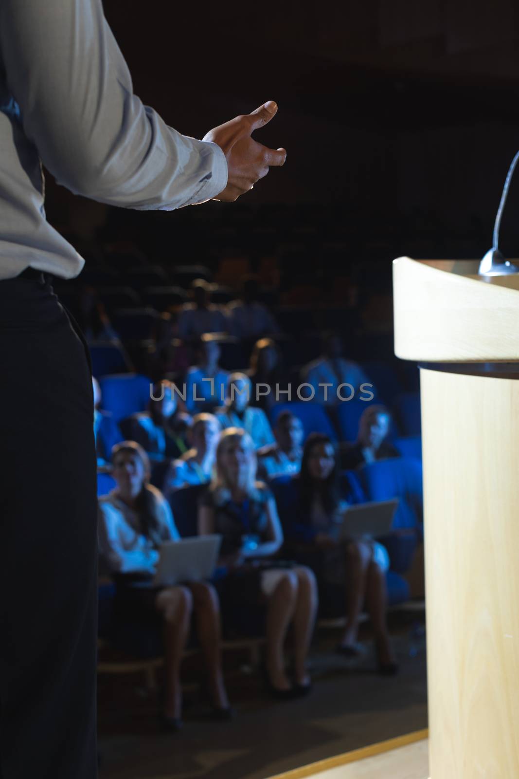 Rear view of businessman giving presentation in front of audience in auditorium