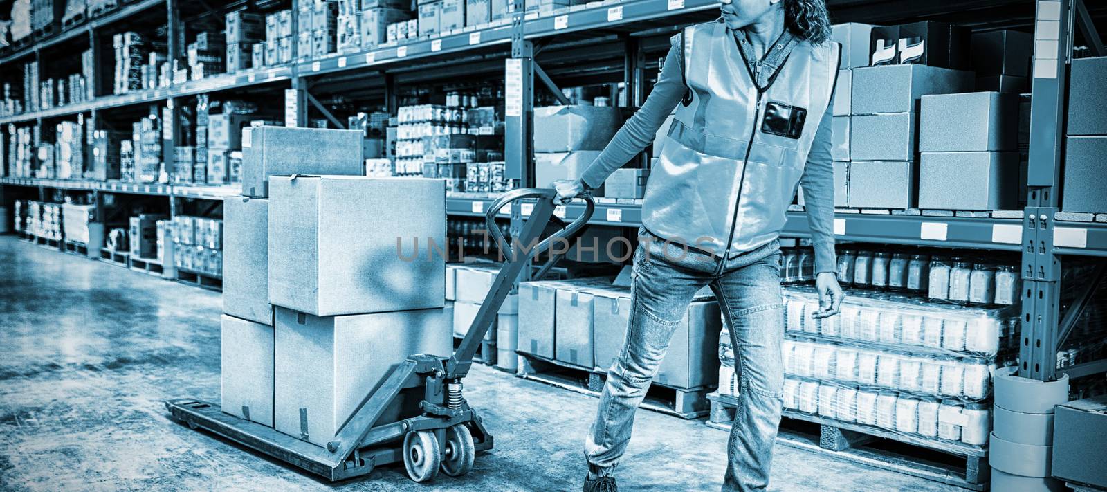 Worker pushing trolley with boxes in warehouse