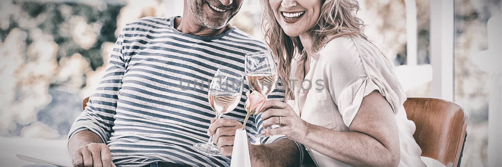 Portrait of smiling mature couple holding wine glasses at restaurant