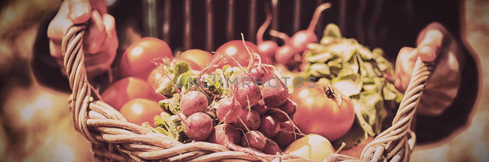 Midsection of female farmer holding basket of vegetables in vineyard