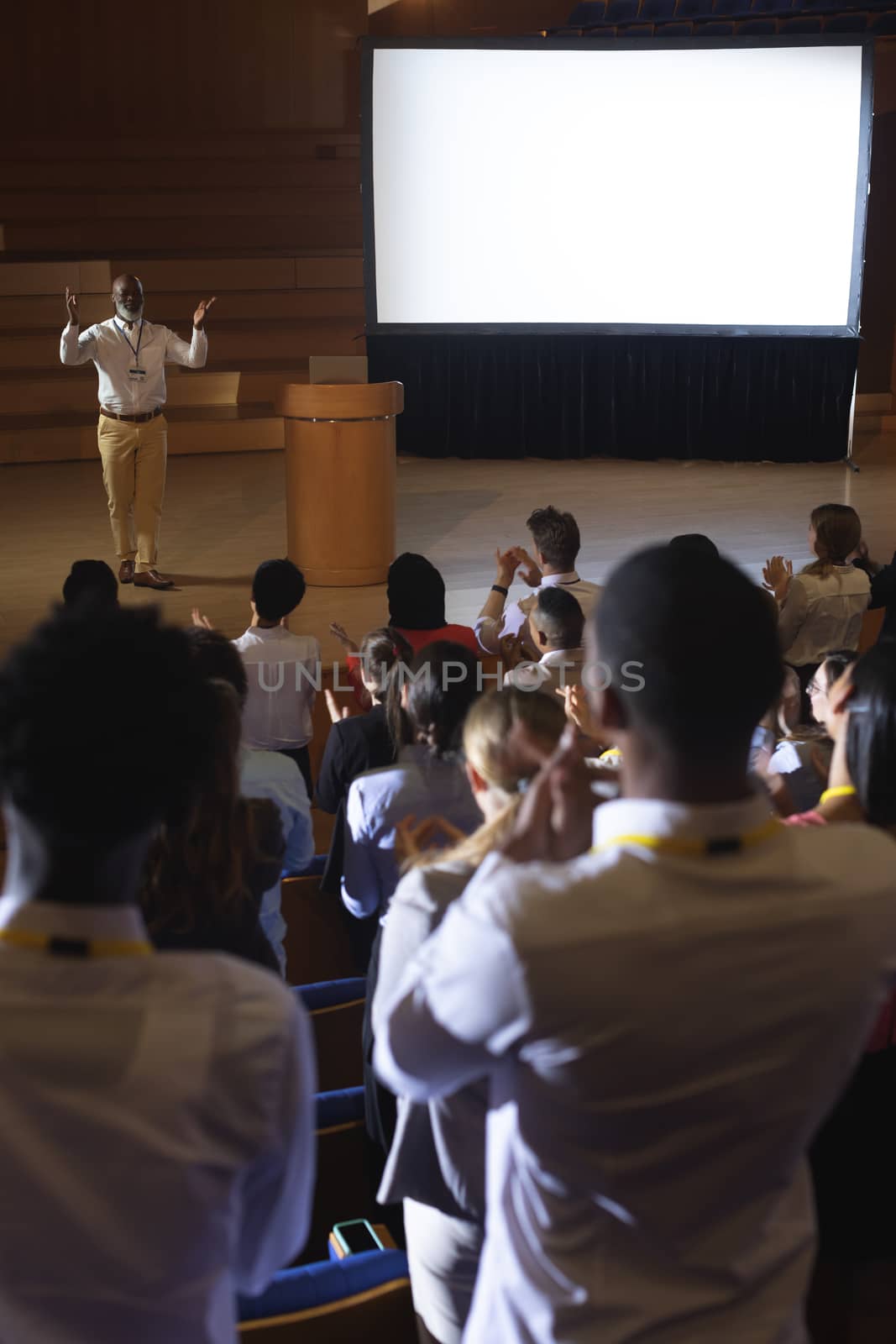 High view of matured African-American businessman standing and giving presentation in auditorium 