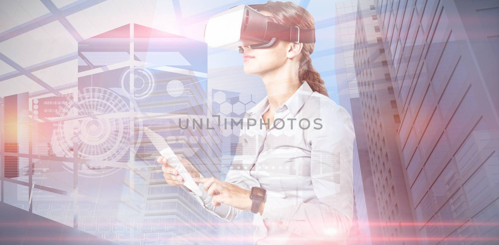 Female executive using virtual reality headset against composite image of interface on abstract screen 