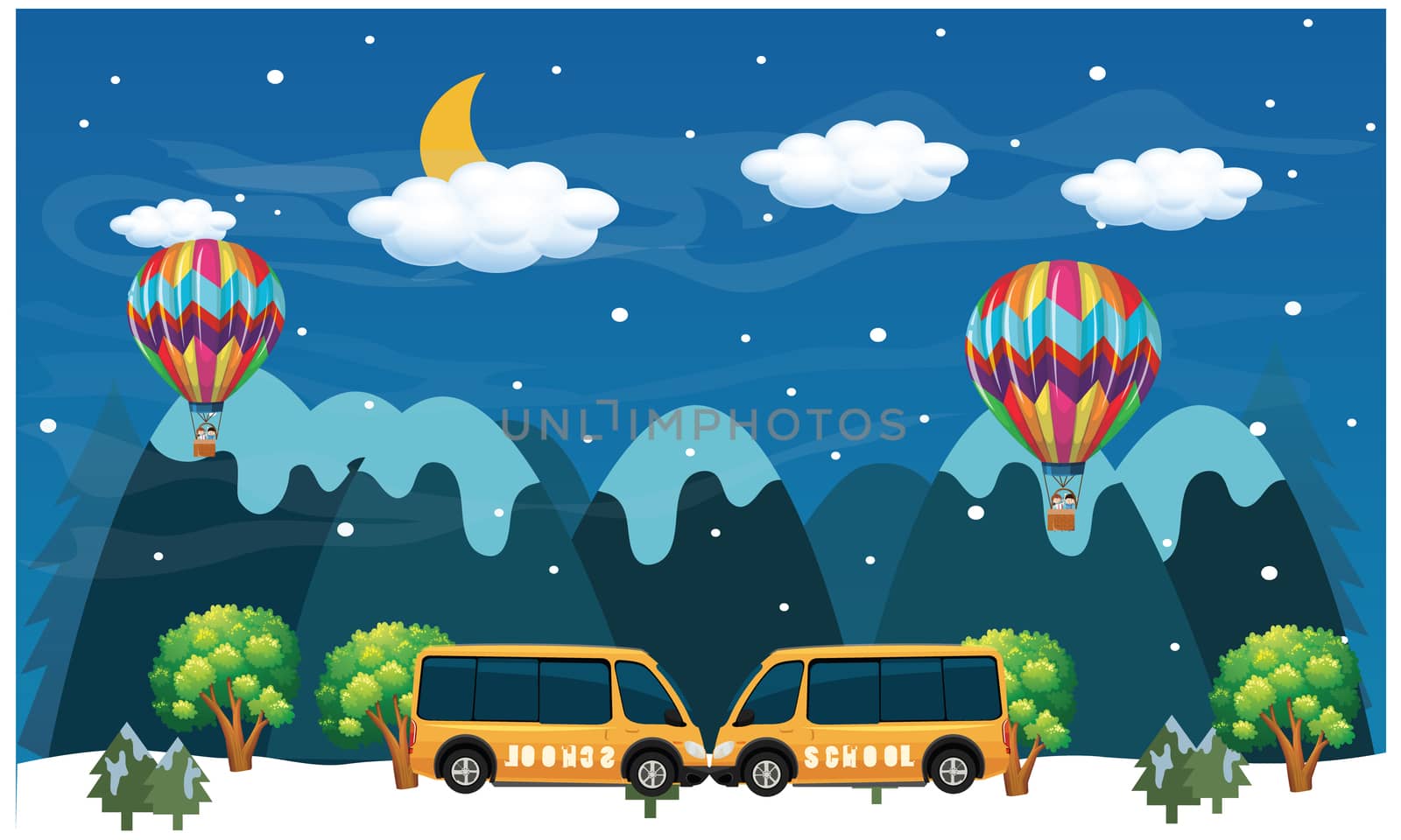 cars parked in snow hill, hot air balloons are flying by aanavcreationsplus