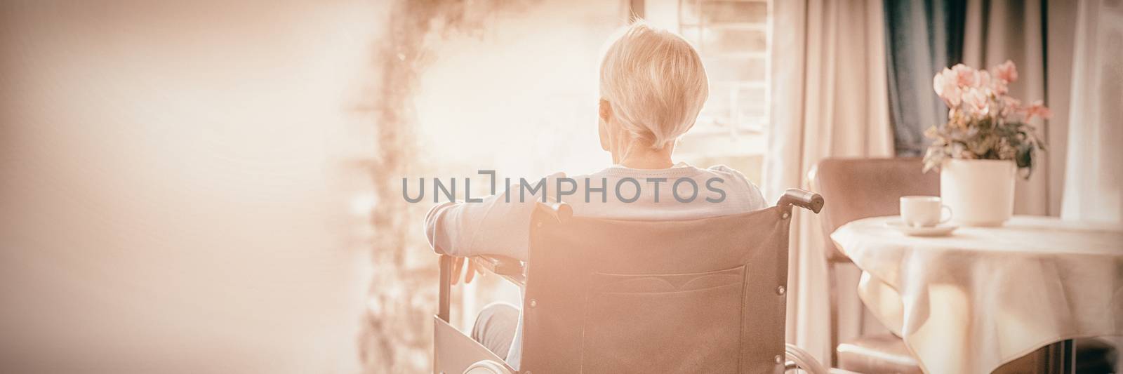Rear view of senior woman senior woman sitting on wheelchair at home