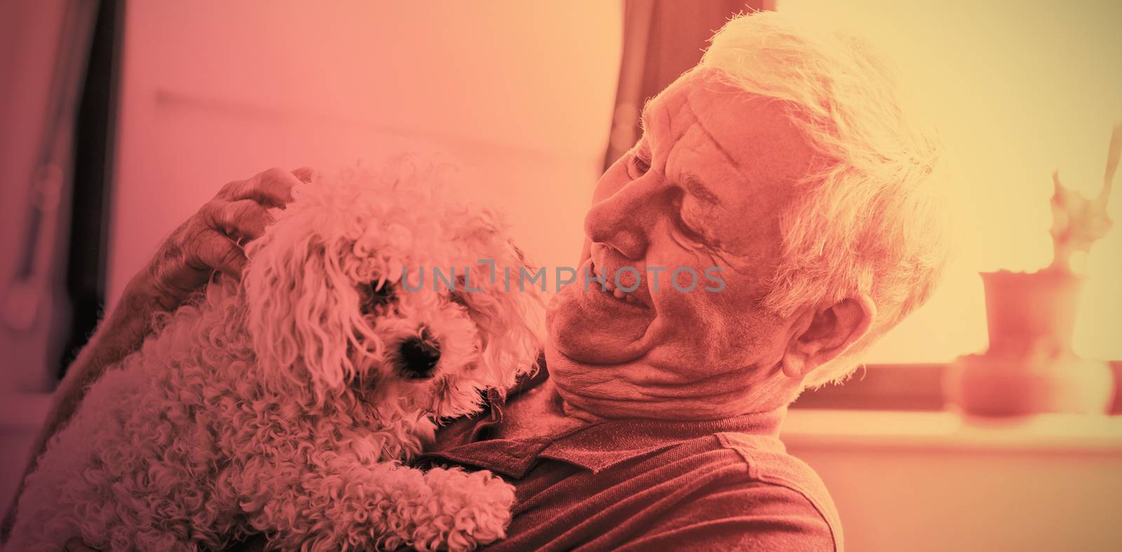 Senior man holding a dog in a retirement home