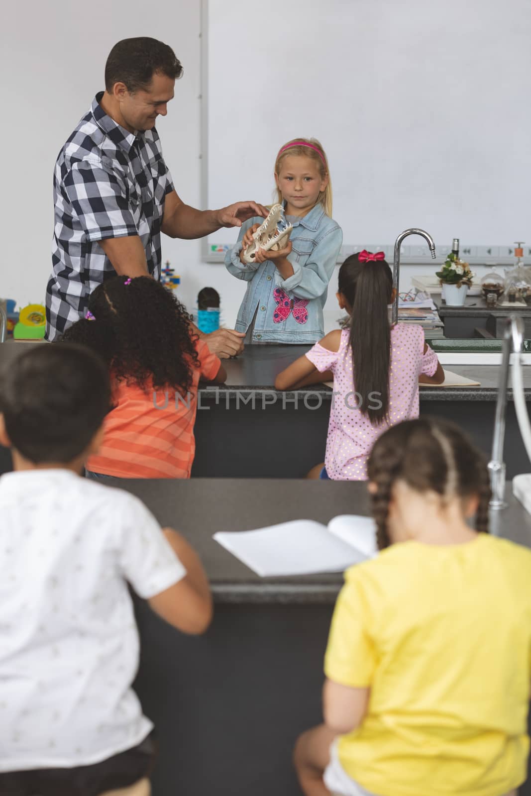 Front view of a Caucasian schoolgirl holding a skull in her hands and showing this one to others school kids sitting in front of her and his teacher next to her behind a desk