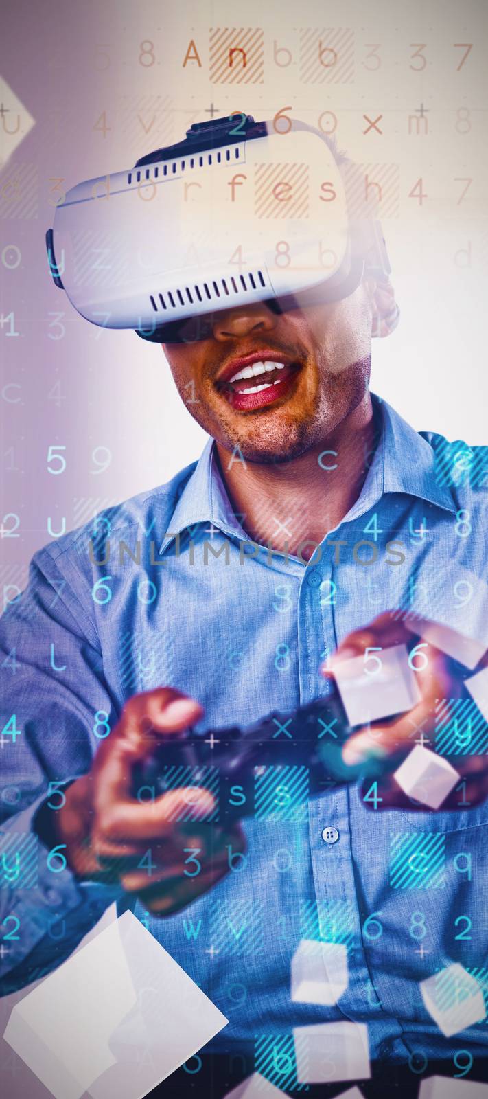 Businessman wearing VR glasses while playing video game against white background