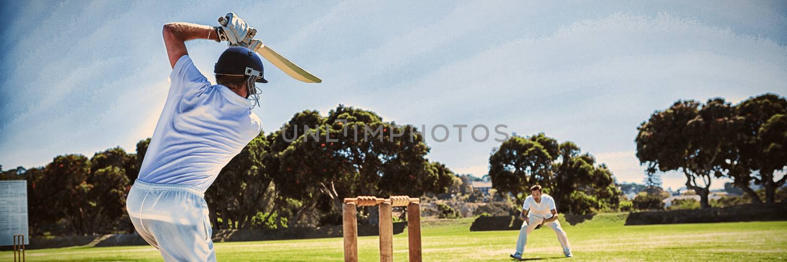 Rear view of player batting while playing cricket on field against clear sky