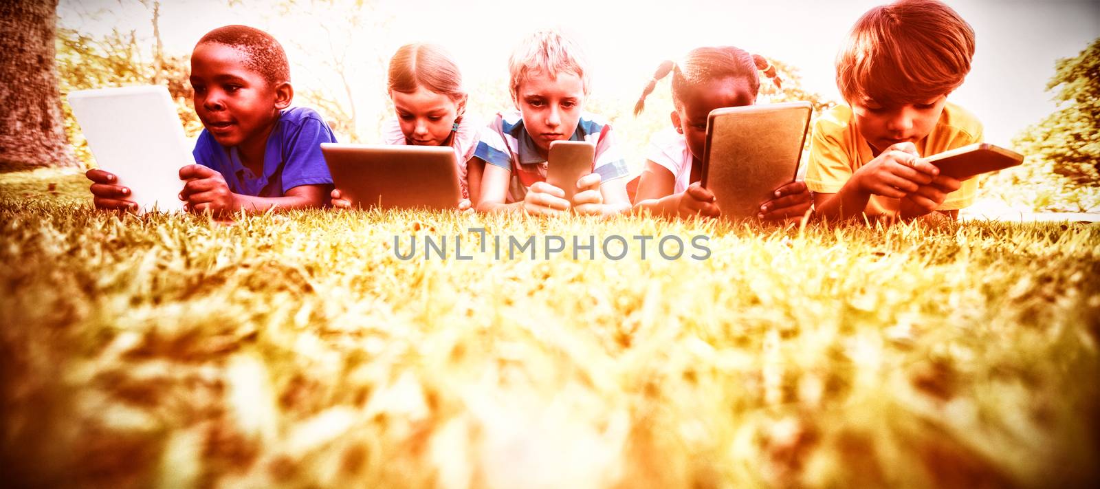 Kids using technology during a sunny day at park
