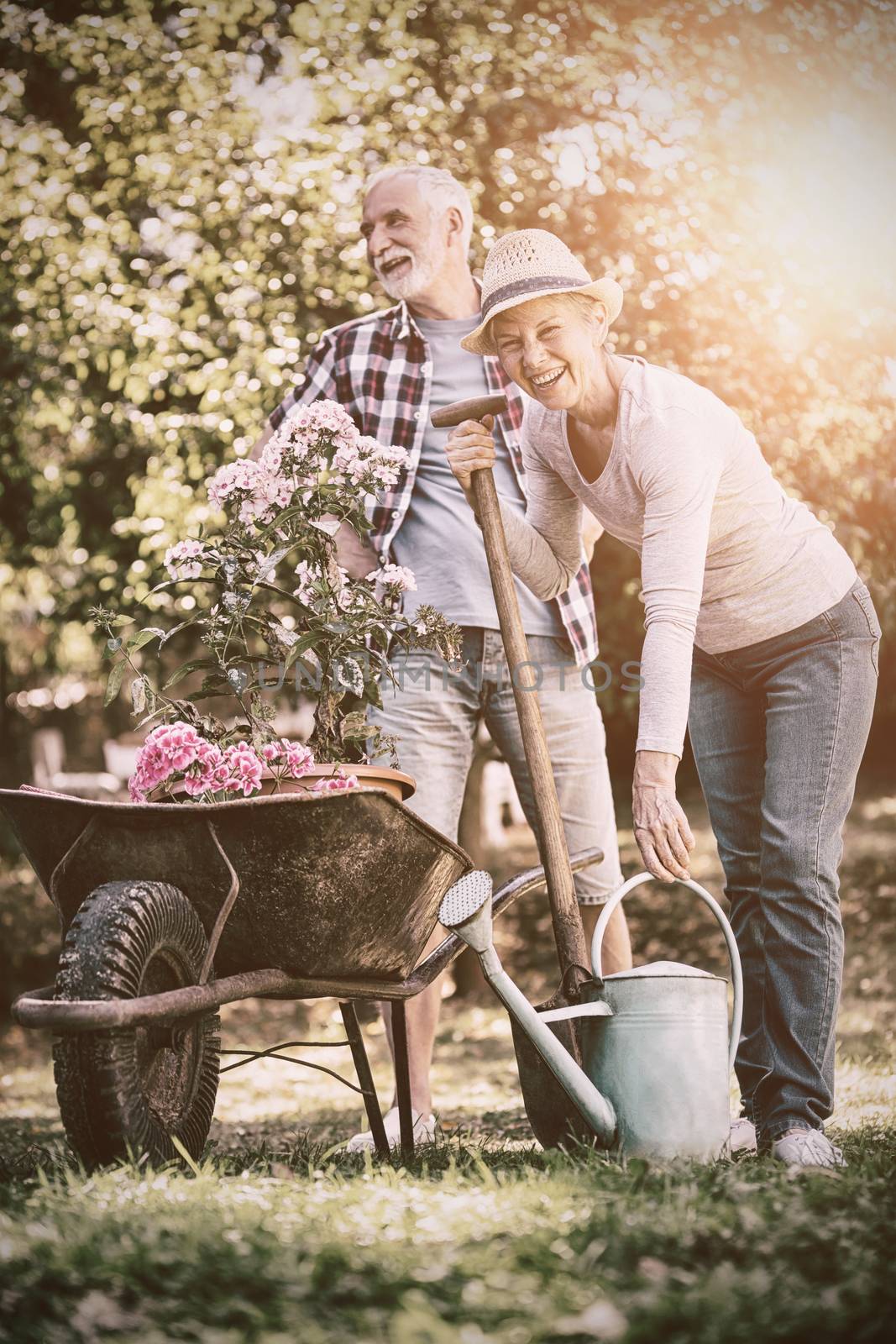 Portrait of senior couple gardening in the garden on a sunny day