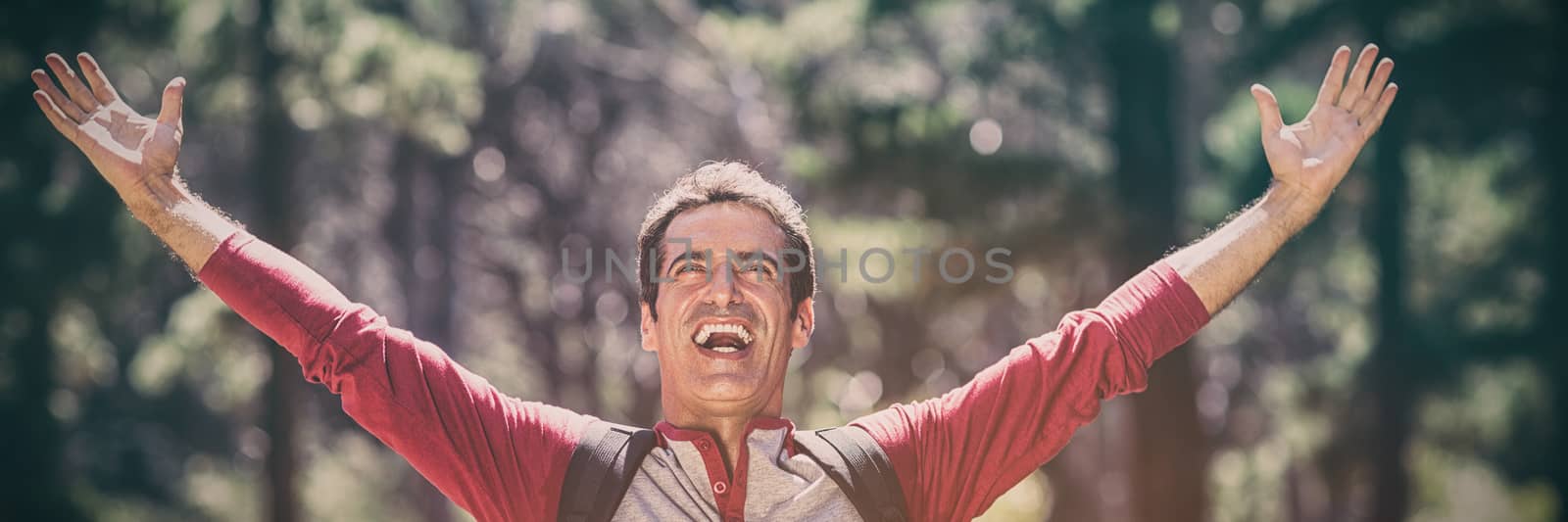 Man smiling and throwing up arms on the wood