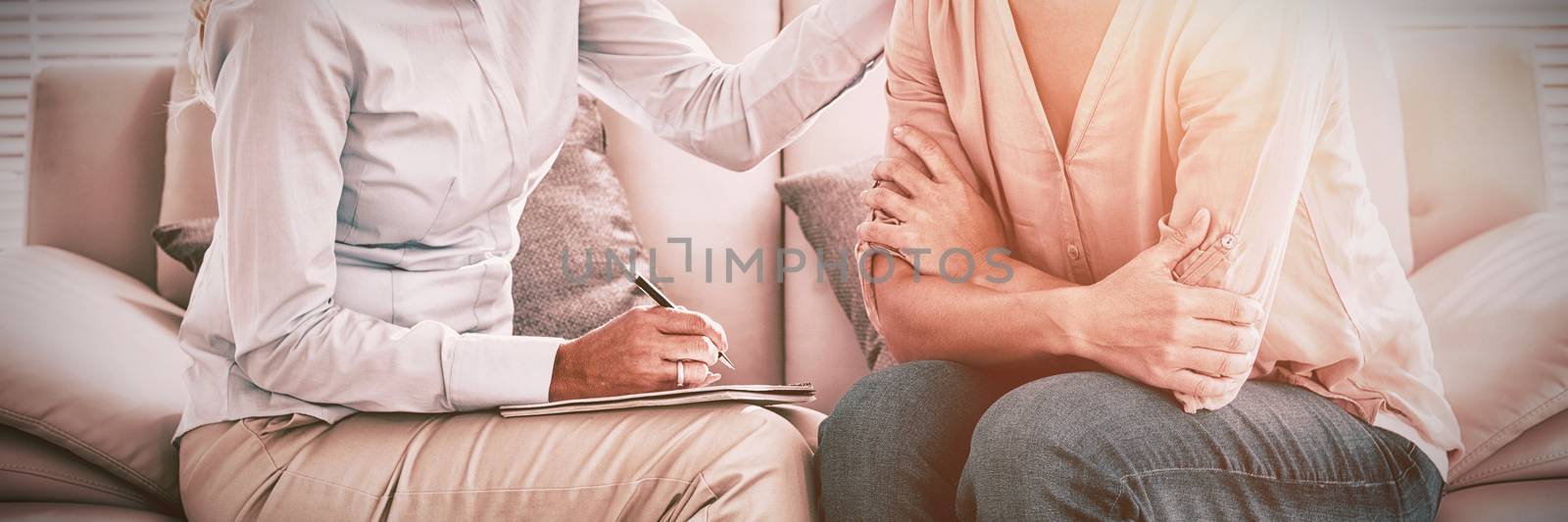 Woman listening to therapist on sofa at home