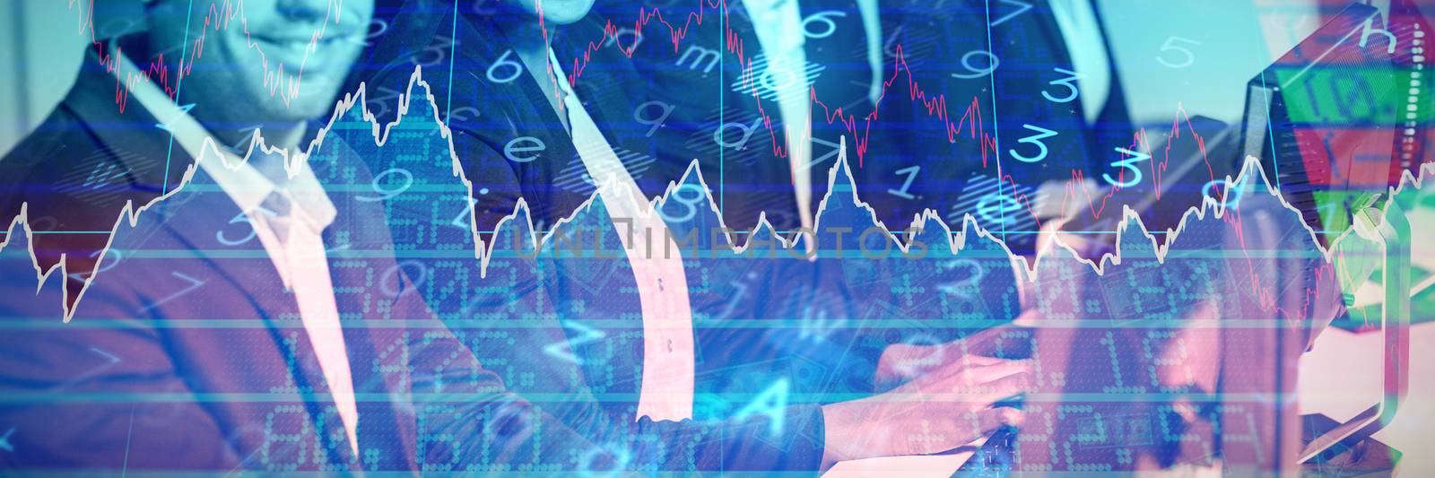 Stocks and shares against colleagues with headsets using computer at office