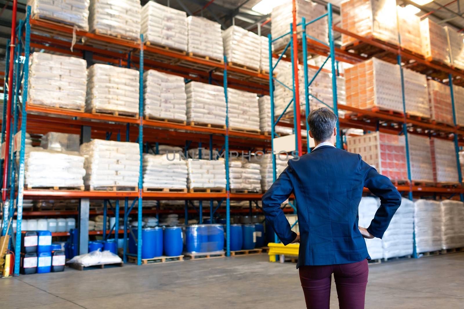 Rear view of beautiful mature Caucasian female manager standing with hands on hip in warehouse. This is a freight transportation and distribution warehouse. Industrial and industrial workers concept