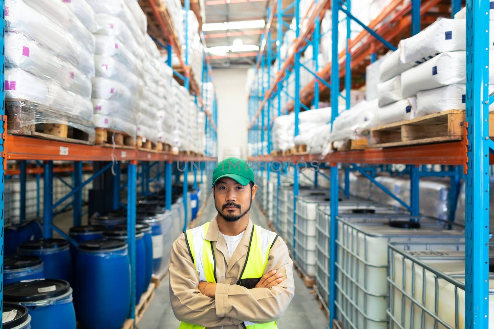 Male worker standing with arms crossed and looking at camera in warehouse by Wavebreakmedia