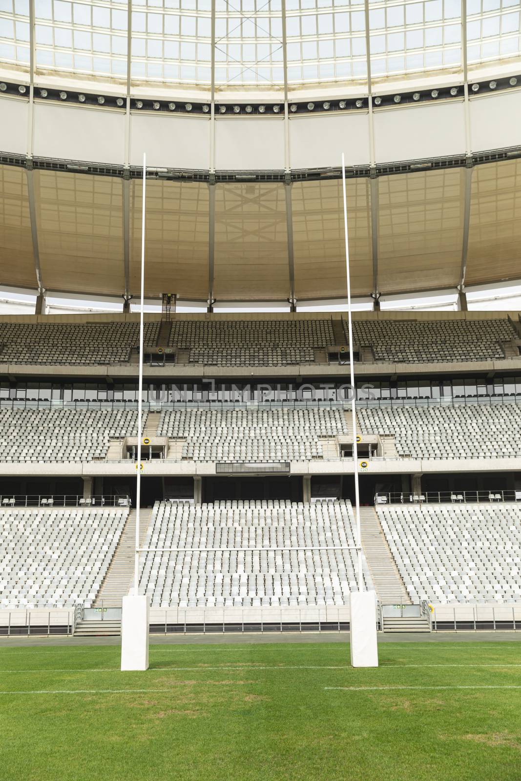 Rugby goal post in a empty stadium