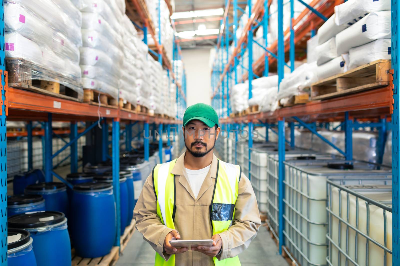 Male worker looking at camera while working in warehouse by Wavebreakmedia