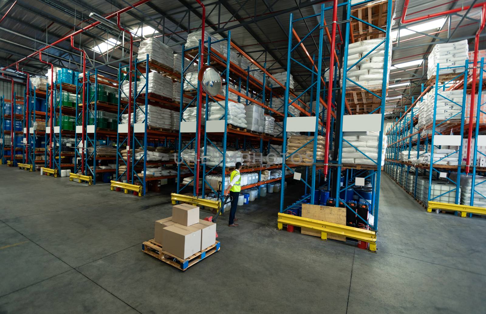 Rear view of Young Caucasian male staff using pallet jack in warehouse. This is a freight transportation and distribution warehouse. Industrial and industrial workers concept