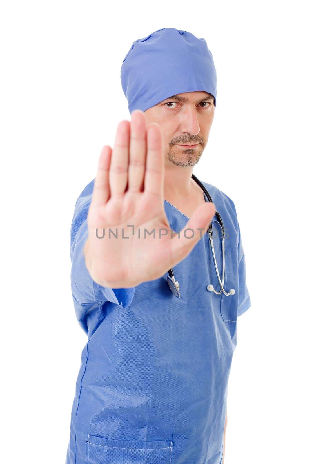 male doctor going stop with his hand, isolated