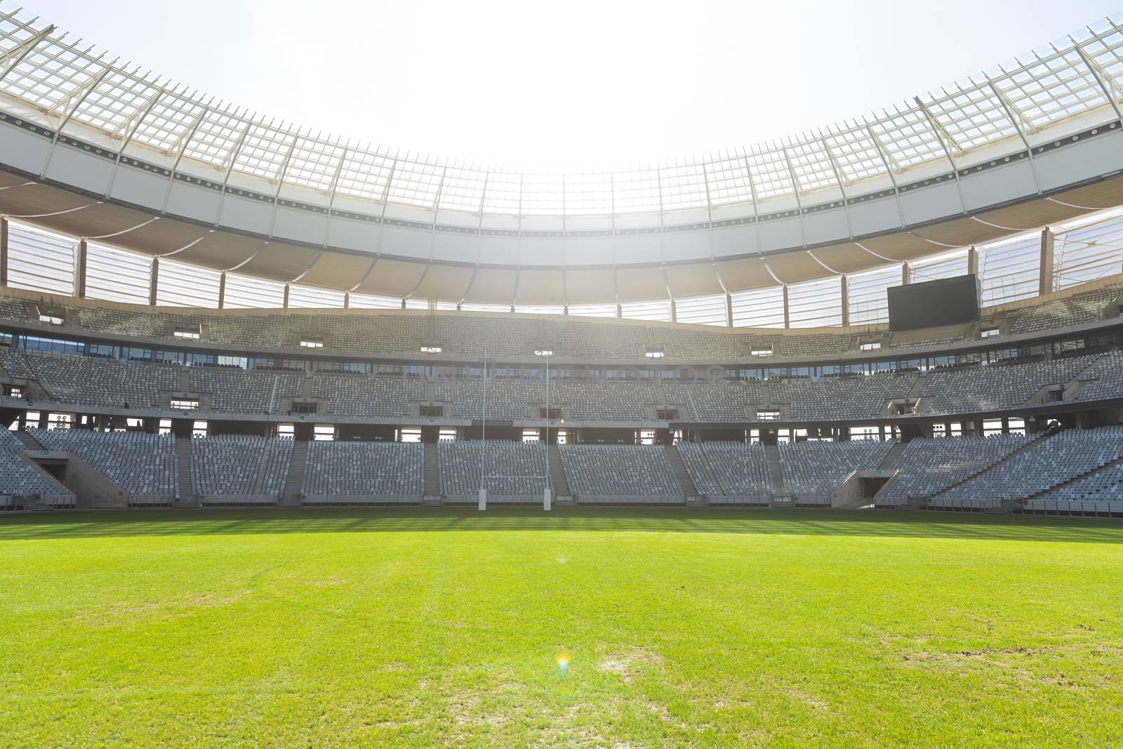 Empty Rugby goal post on a sunny day in the stadium