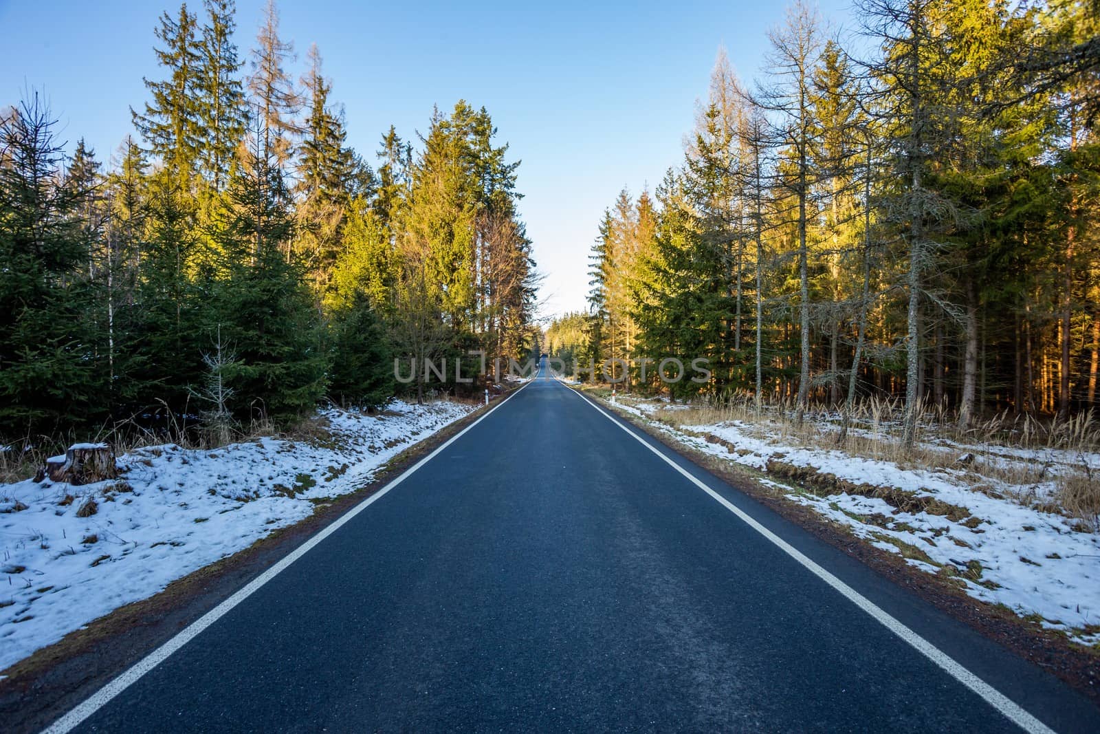 A wet roadway where a snow storm has left snow even on the bright colored leaves still in the trees lining the tarmac blacktop road during a europe winter. Simple road wallpaper. by petrsvoboda91
