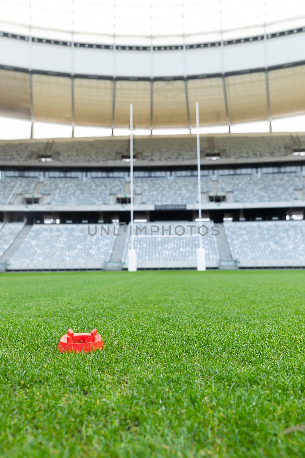 Front view of rugby ball stand in a empty stadium