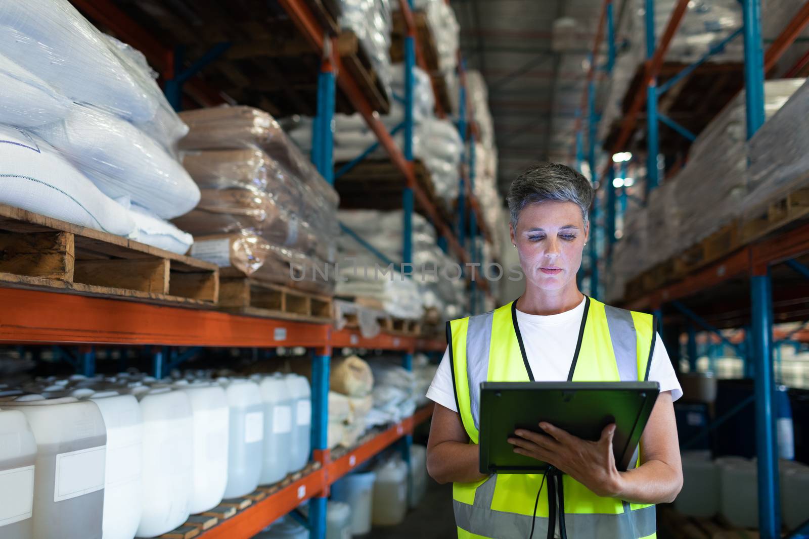 Front view of Caucasian Attentive female staff using digital tablet in warehouse. This is a freight transportation and distribution warehouse. Industrial and industrial workers concept