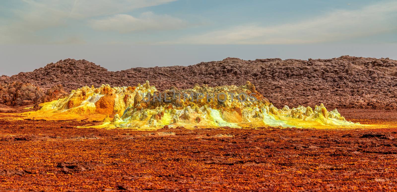 Colorful incredible abstract apocalyptic landscape like moonscape of Dallol Lake in Crater of Dallol Volcano, Danakil Depression, Ethiopia