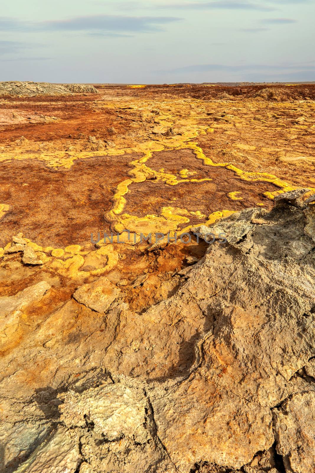 Colorful incredible abstract apocalyptic landscape like moonscape of Dallol Lake in Crater of Dallol Volcano, Danakil Depression, Ethiopia