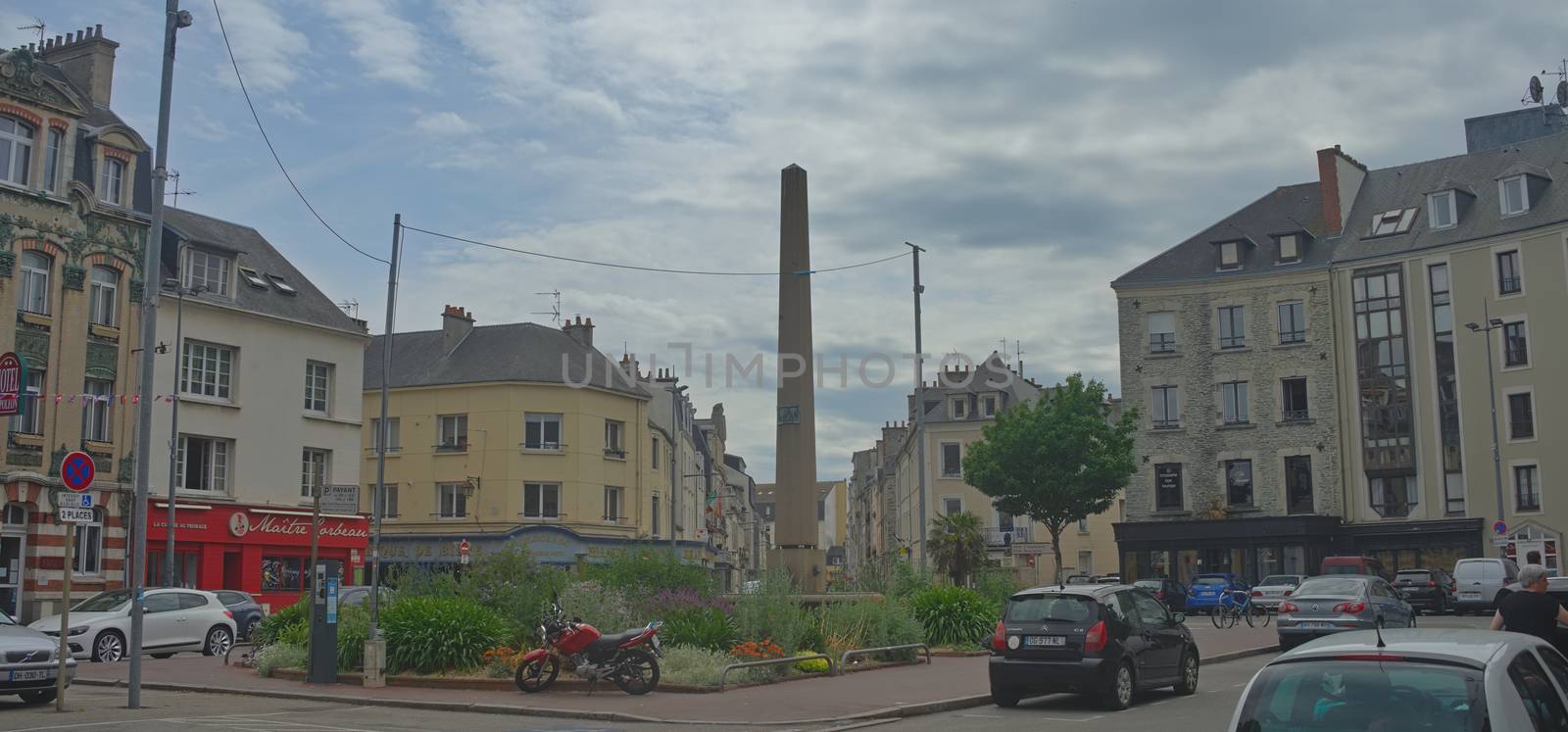CHERBOURG, FRANCE - June 6th 2019 - City square with big obelisk in the middle by sheriffkule