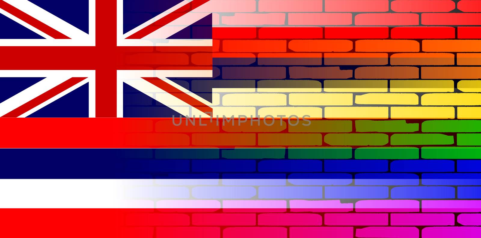 A well worn wall painted with a LGBT rainbow with the Hawaii state flag