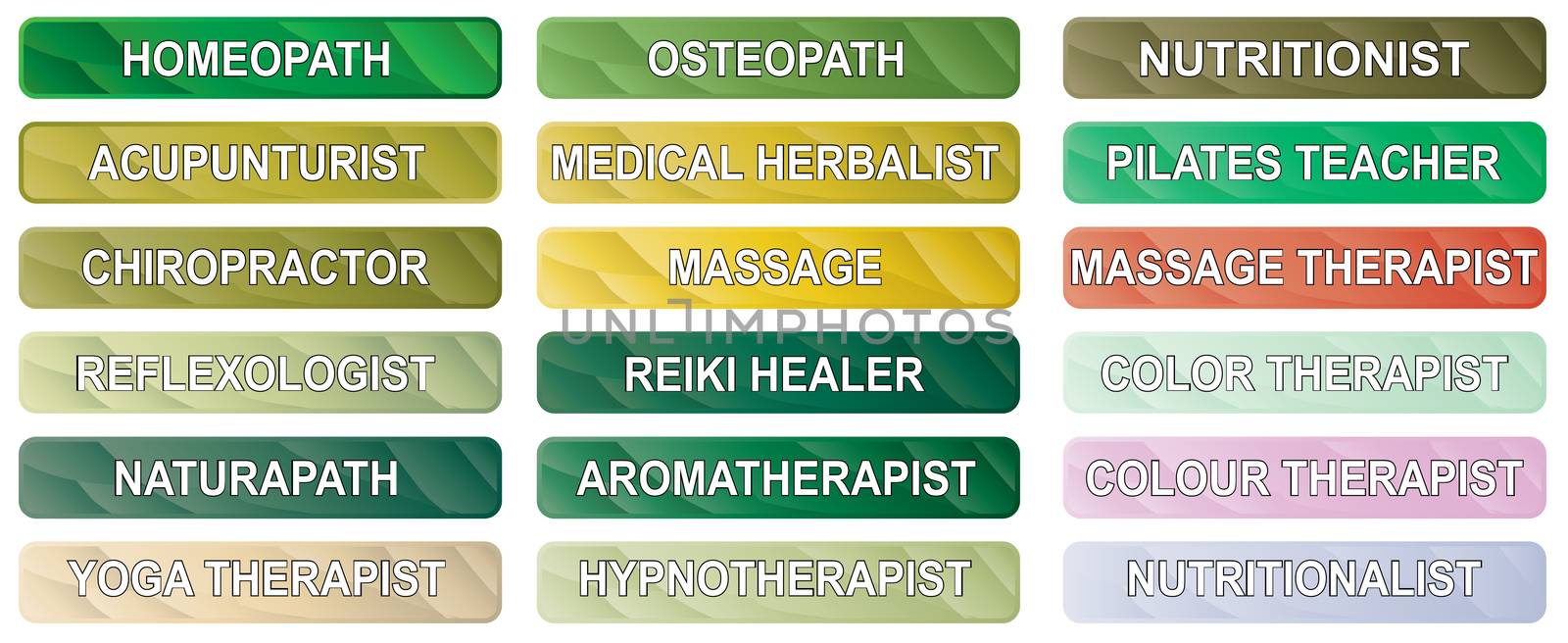 A collection of alternative therapy buttons on a white background