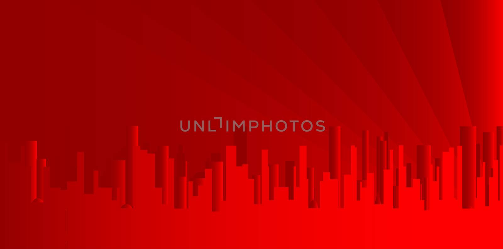 A red cityscape shown in grey and silhouette.