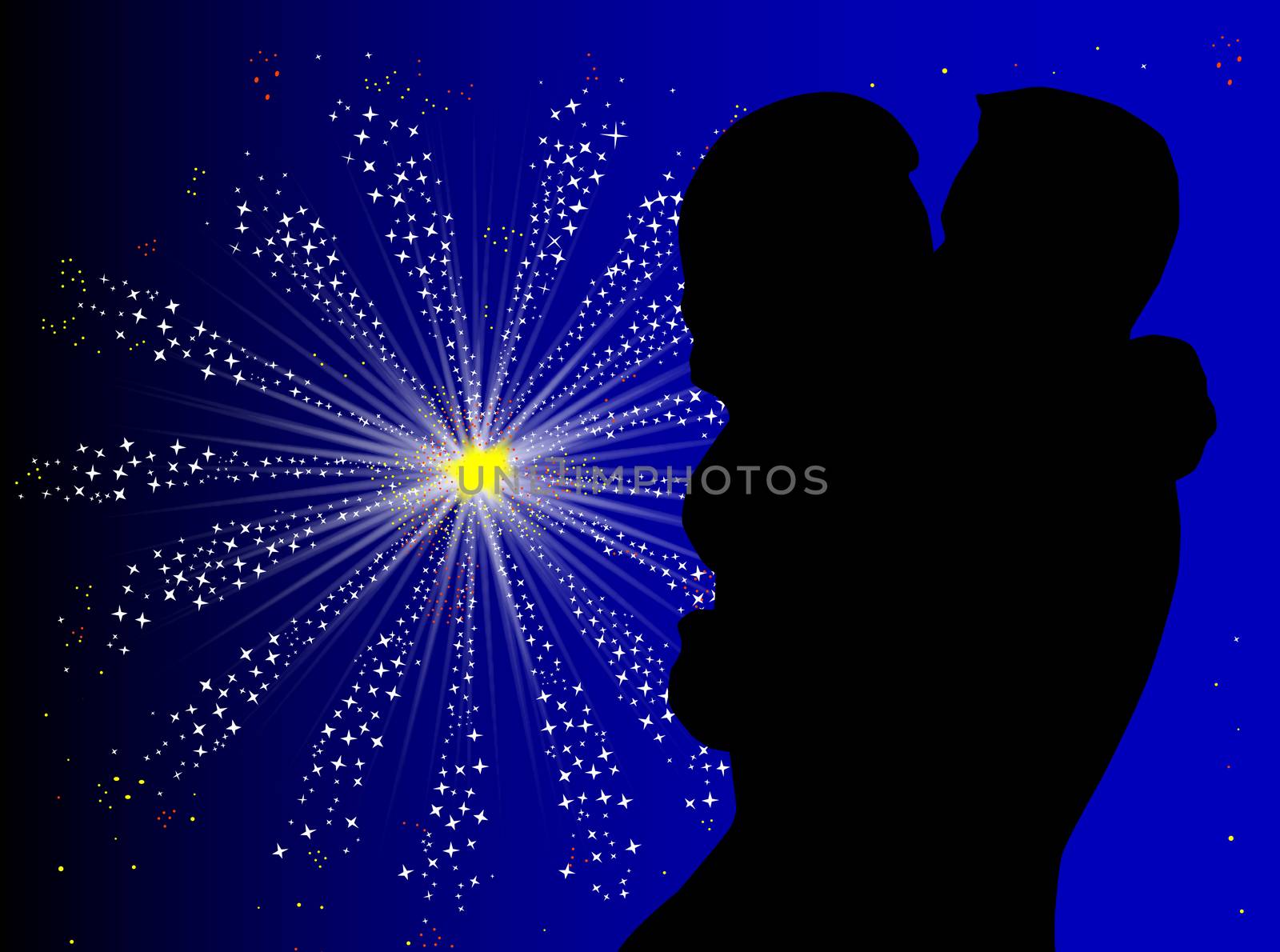 A couple kissing against a celebration firework