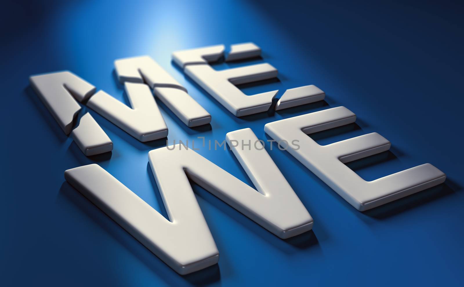 3D illustration of two words me and we over blue background, the first one is broken. Concept of individualism vs solidarity