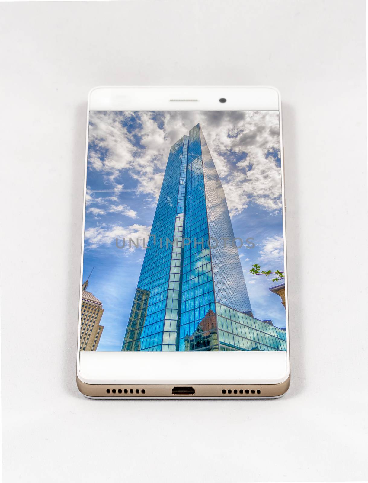 Modern smartphone displaying full screen picture of skyscraper,  by marcorubino