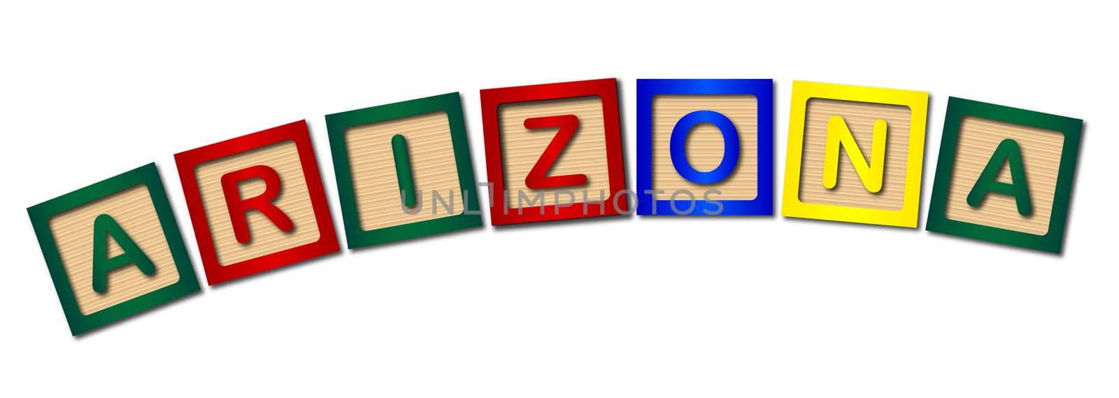 A collection of wooden block letters spelling ARIZONA over a white background