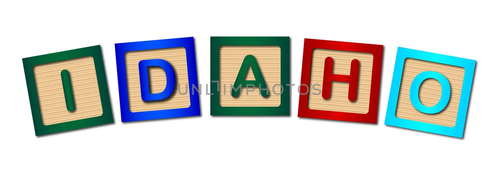 A collection of wooden block letters spelling IDAHO over a white background