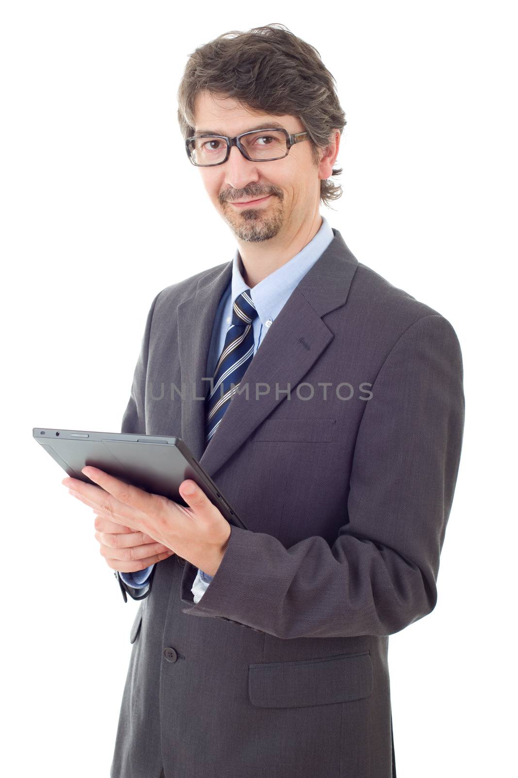 happy businessman with a tablet pc, isolated