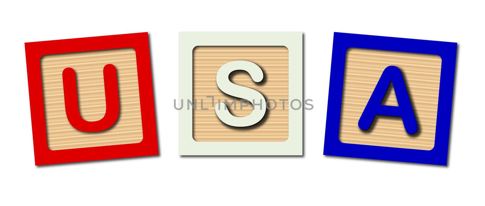 A collection of wooden block letters spelling USA over a white background