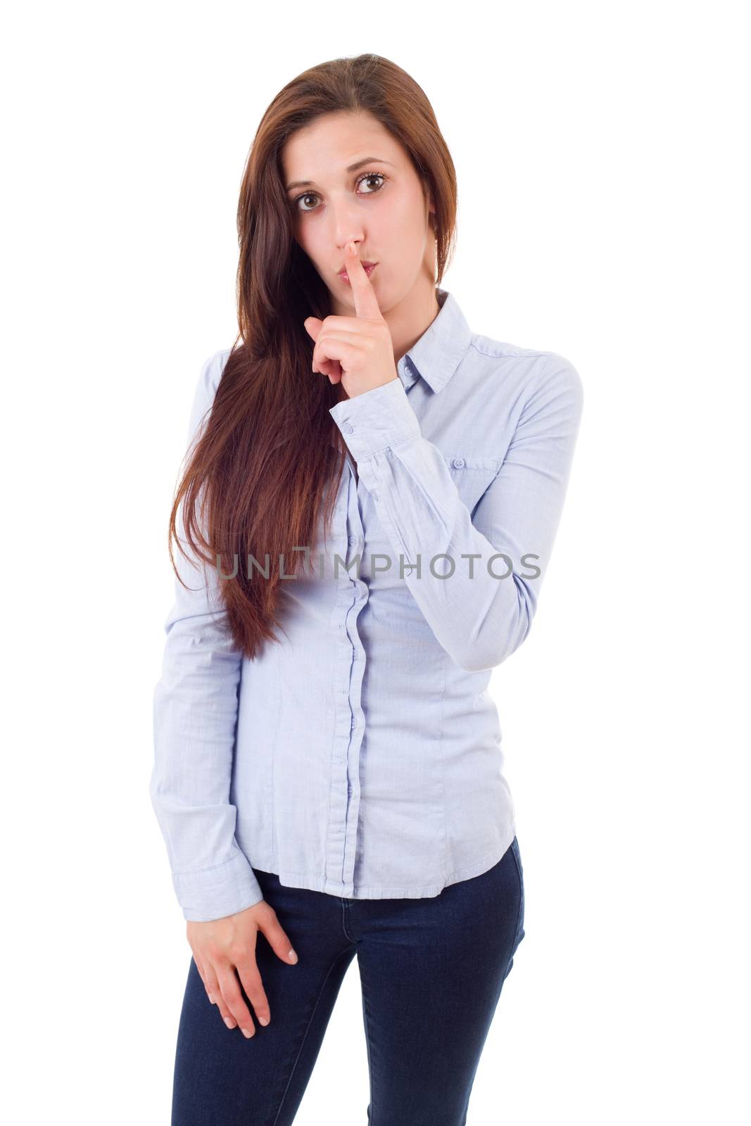 Beautiful young woman asking for silence, isolated on white background