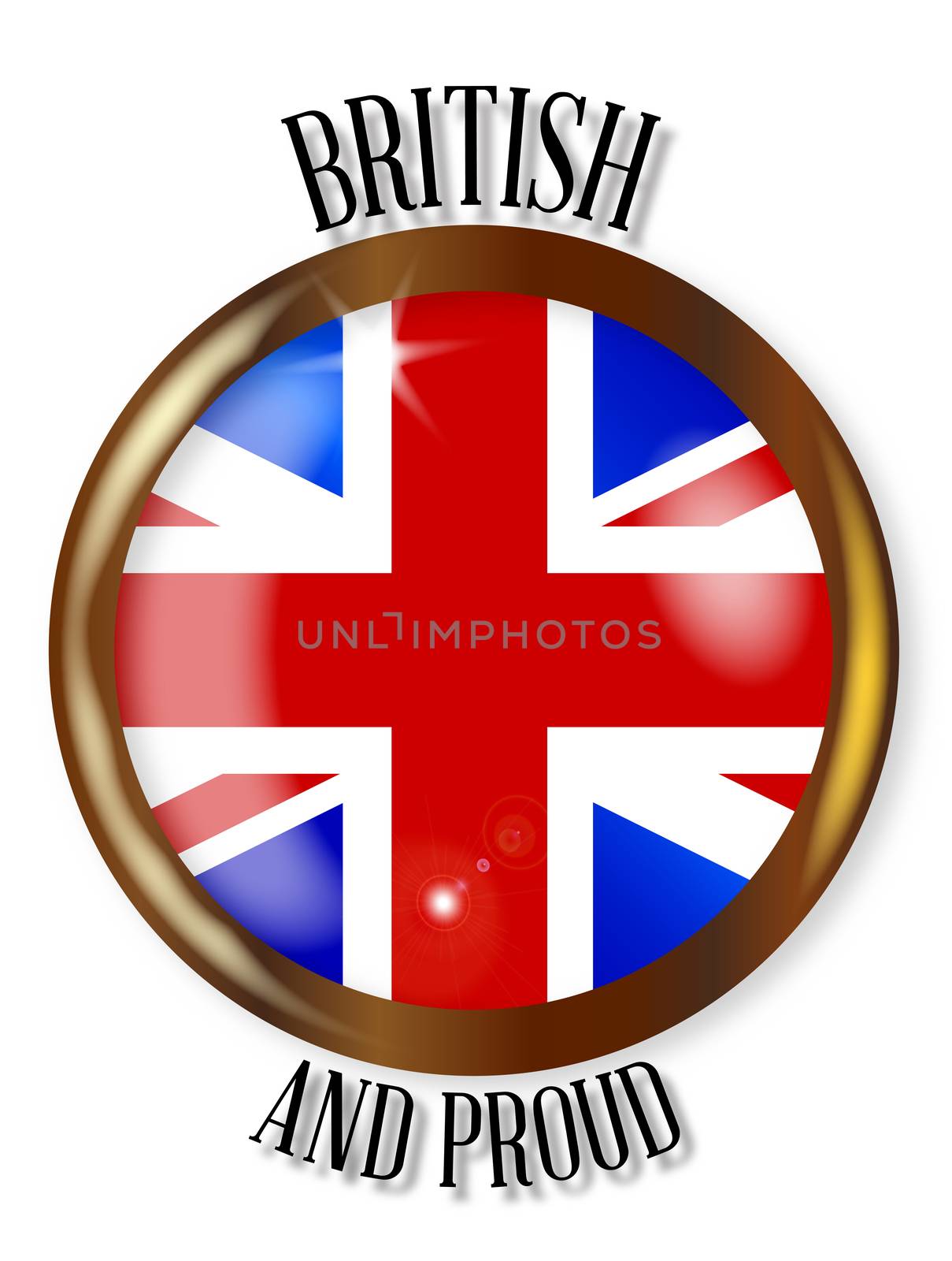 British and Proud flag button with a circular border over a white background
