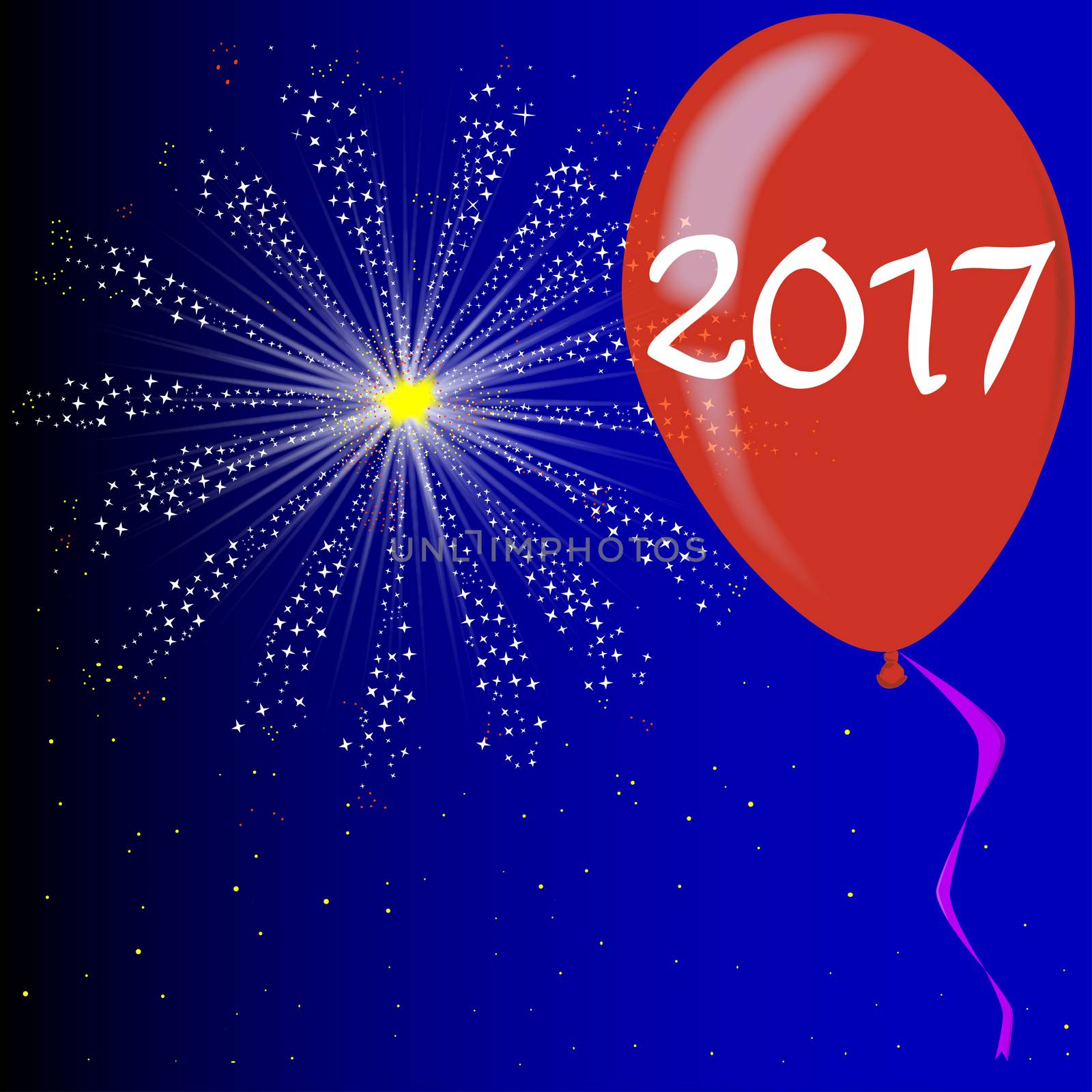 A flyaway red balloon with a skyrocket explosion with fallout and the text 2017