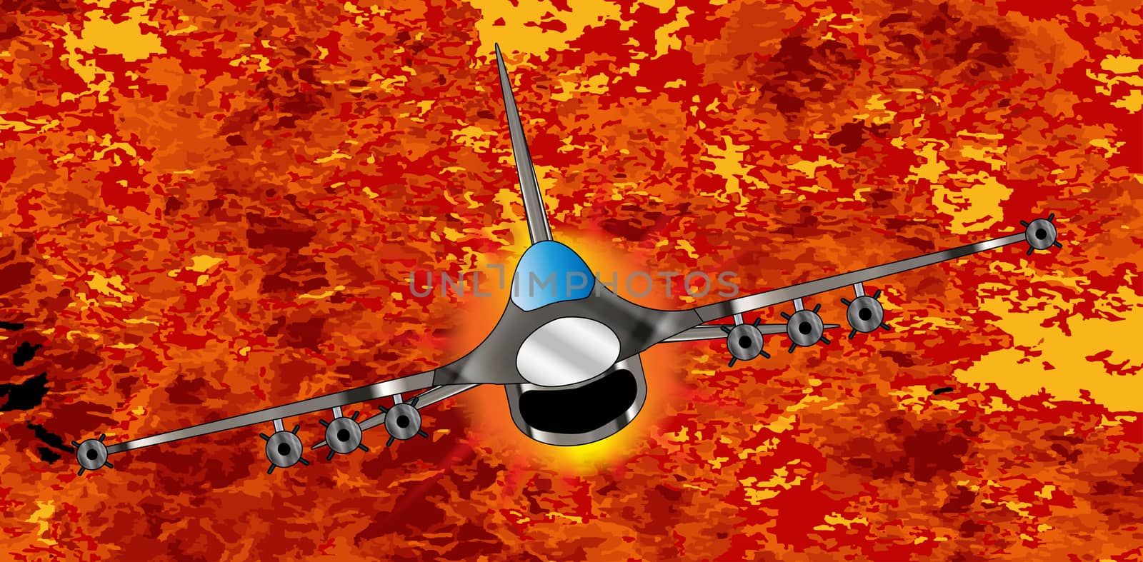 A jet fighter zooming away from the explosion and flames