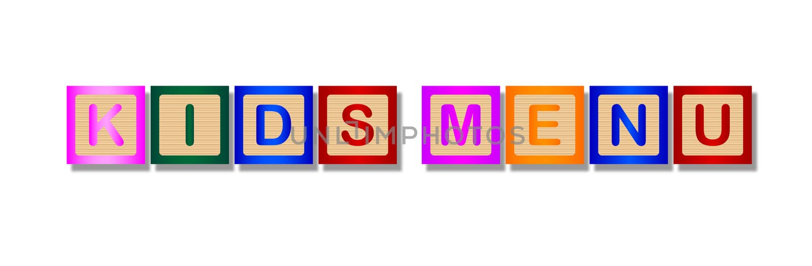 A collection of wooden block letters spelling Kids Menu over a white background