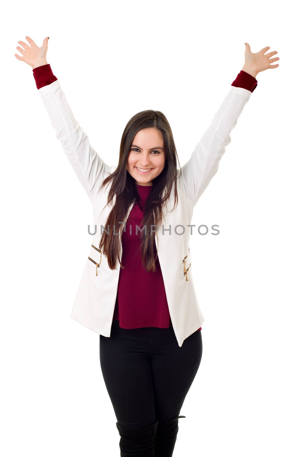happy business woman winning isolated on white background