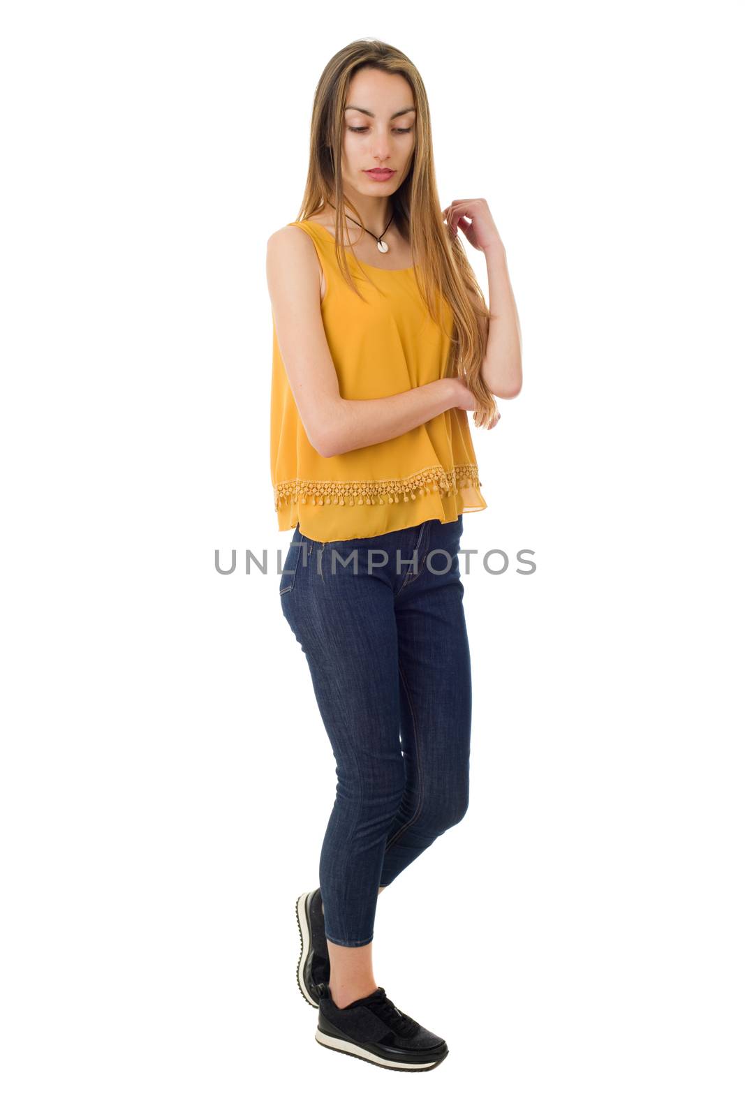 young casual beautiful woman full length, isolated in white